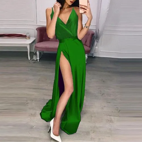 Women's Strap Dress Slit Dress Elegant Sexy V Neck Slit Sleeveless Solid Color Asymmetrical Dress Maxi Long Dress Banquet Fa