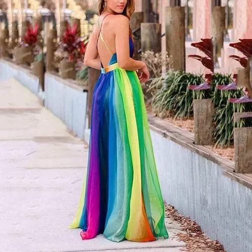 Women's Swing Dress Elegant Strap Sleeveless Colorful Maxi Long Dress Casual