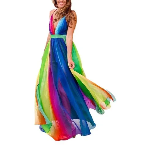 Women's Swing Dress Elegant Strap Sleeveless Colorful Maxi Long Dress Casual