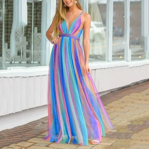 Women's Swing Dress Elegant Strap Sleeveless Colorful Maxi Long Dress Casual