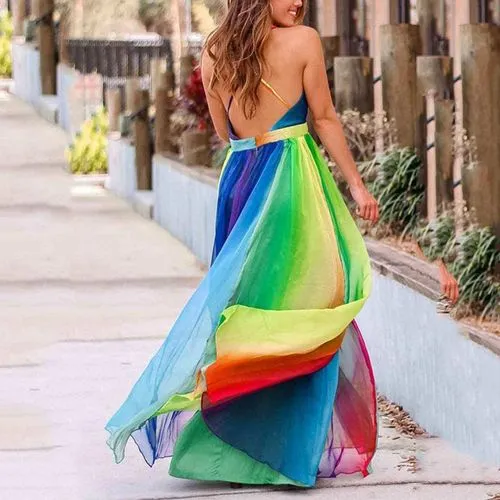 Women's Swing Dress Elegant Strap Sleeveless Colorful Maxi Long Dress Casual