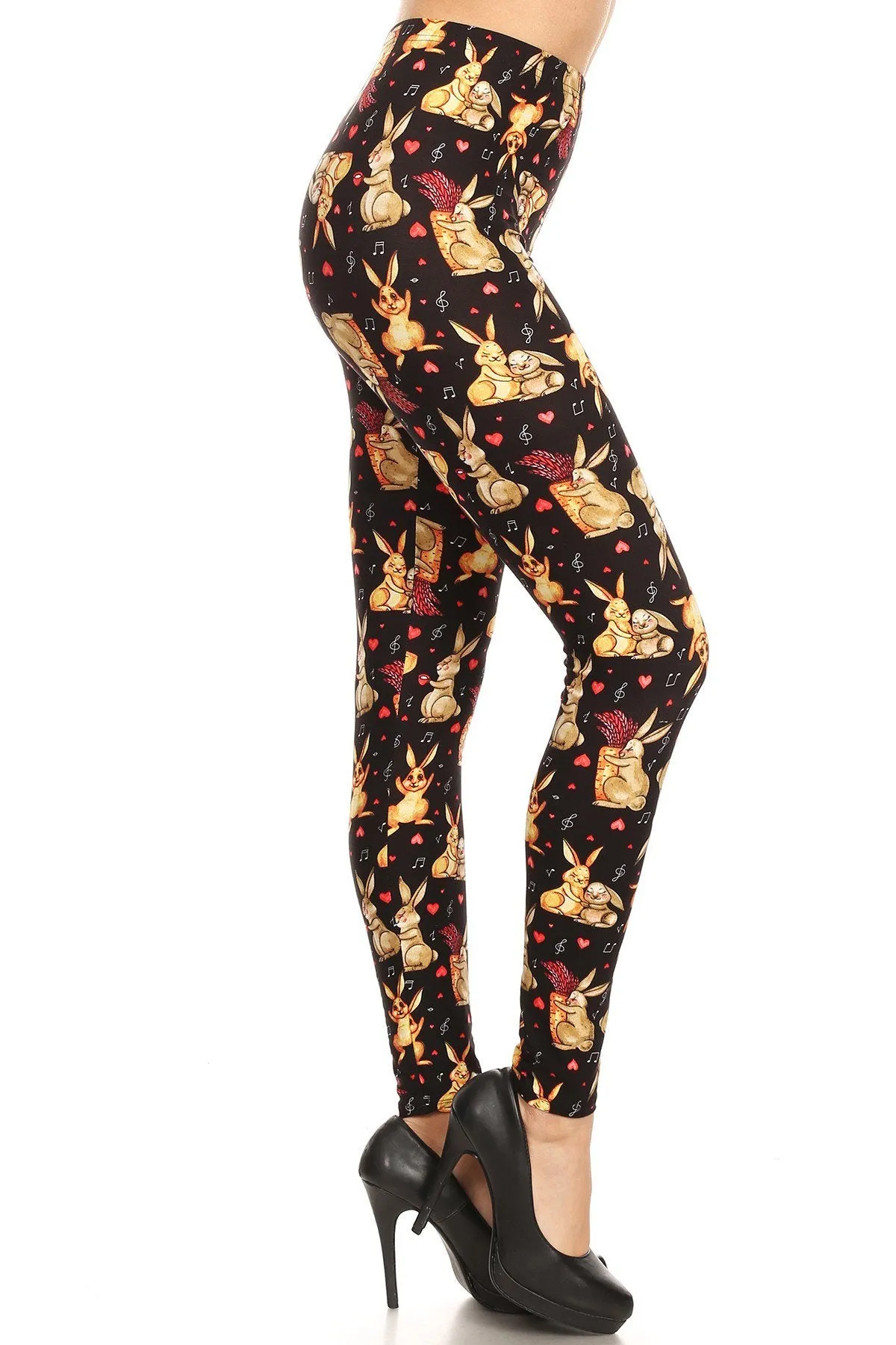 Women's 3X 5X Easter Bunnies Heart Music Note Pattern Print Leggings