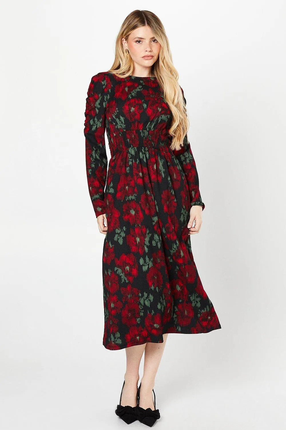 Womens Berry Floral Shirred Waist Long Sleeve Midi Dress