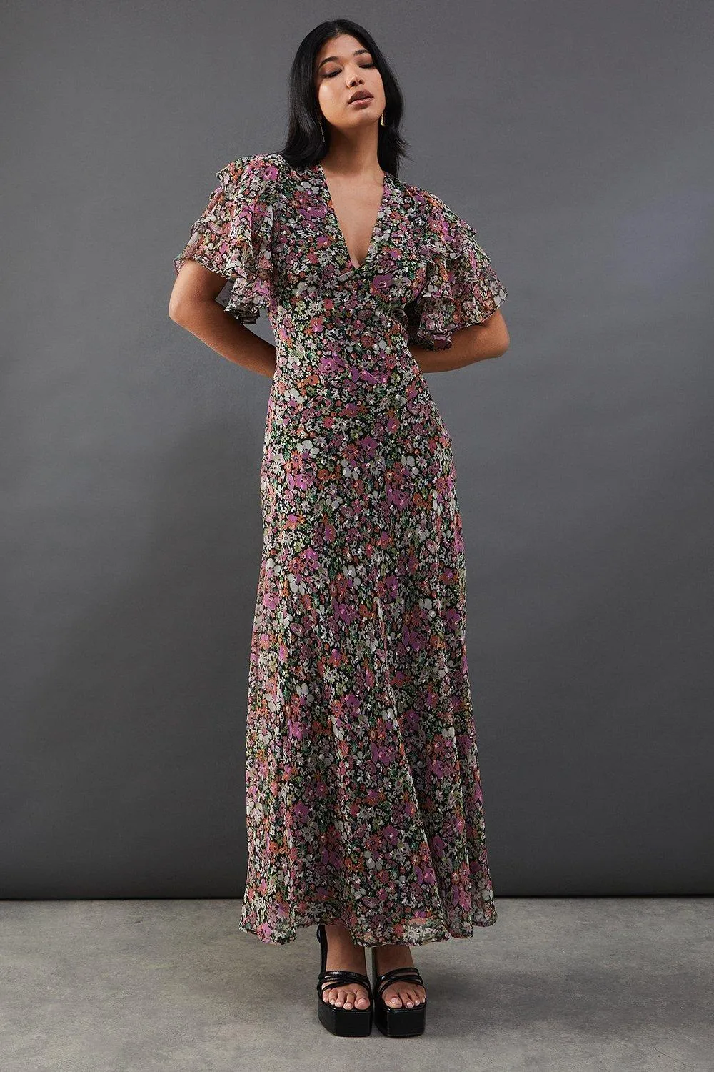 Womens Daisy Floral Print Chiffon Maxi Dress - pink