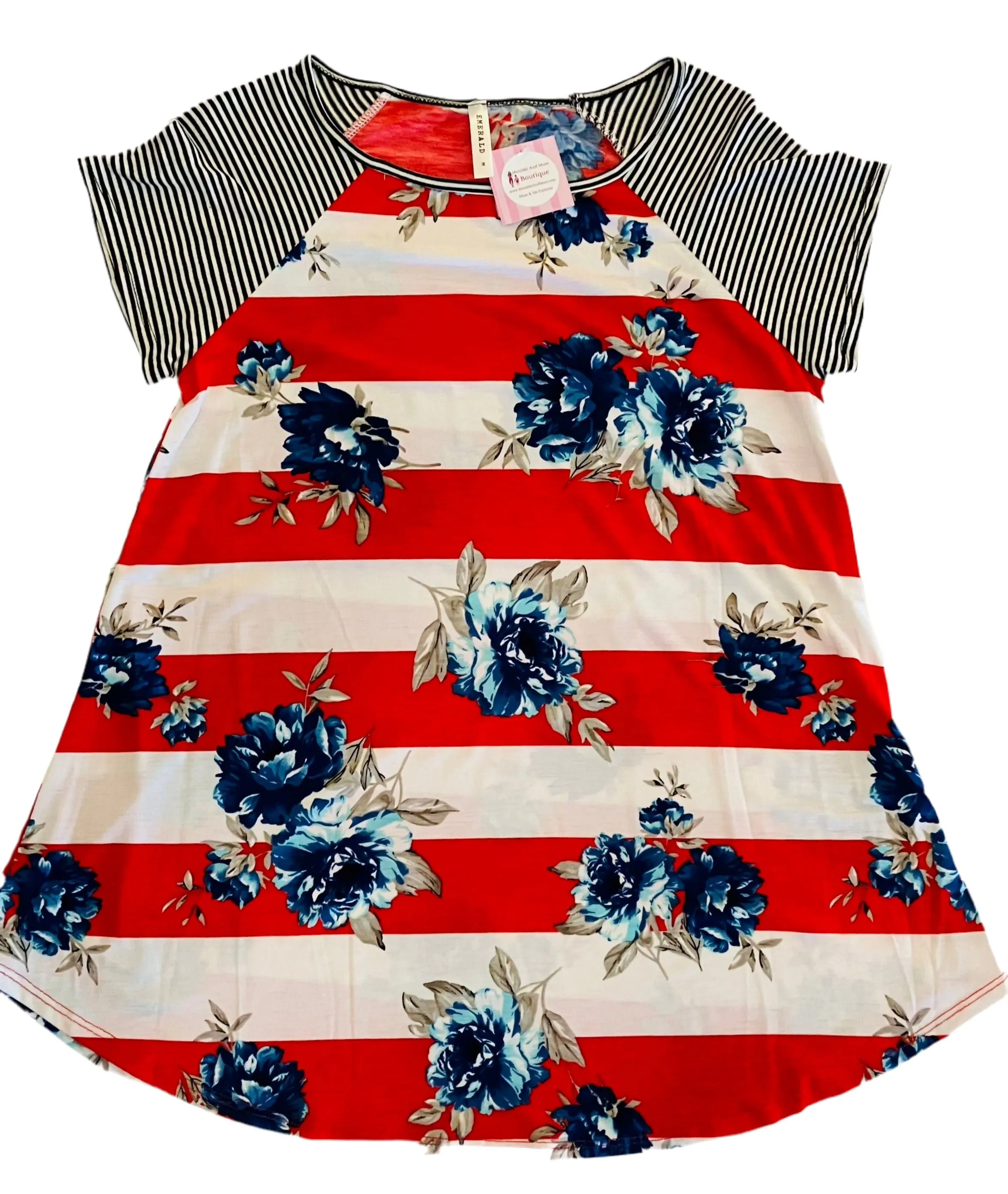 Womens Floral Striped Top, 4th of July Shirt, Sizes S/M/L, Red/White/Blue