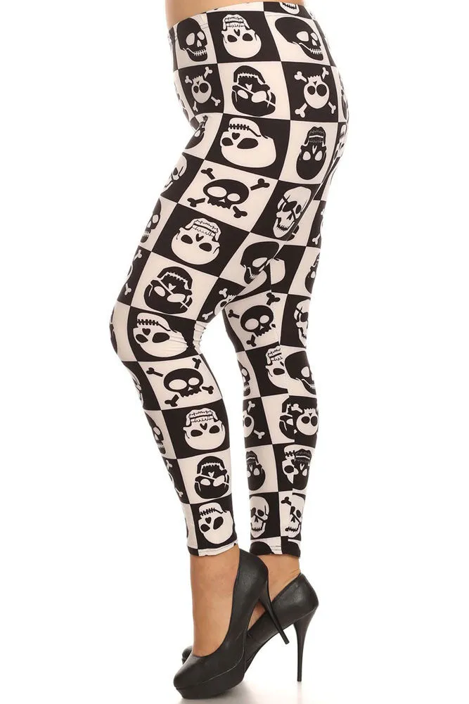 Women's Plus Check Skulls Pattern Print Leggings - White Black