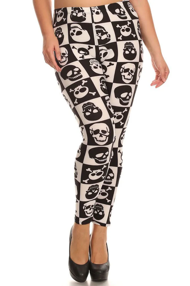 Women's Plus Check Skulls Pattern Print Leggings - White Black