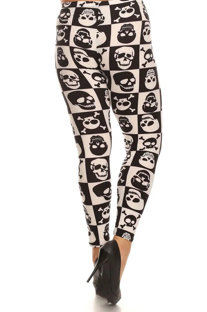 Women's Plus Check Skulls Pattern Print Leggings - White Black