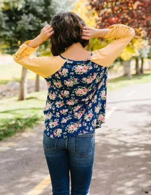 Womens Plus Size Floral Top | 3/4 Sleeve Convert to Long Sleeve Shirt | Blue Yellow Spring Shirt