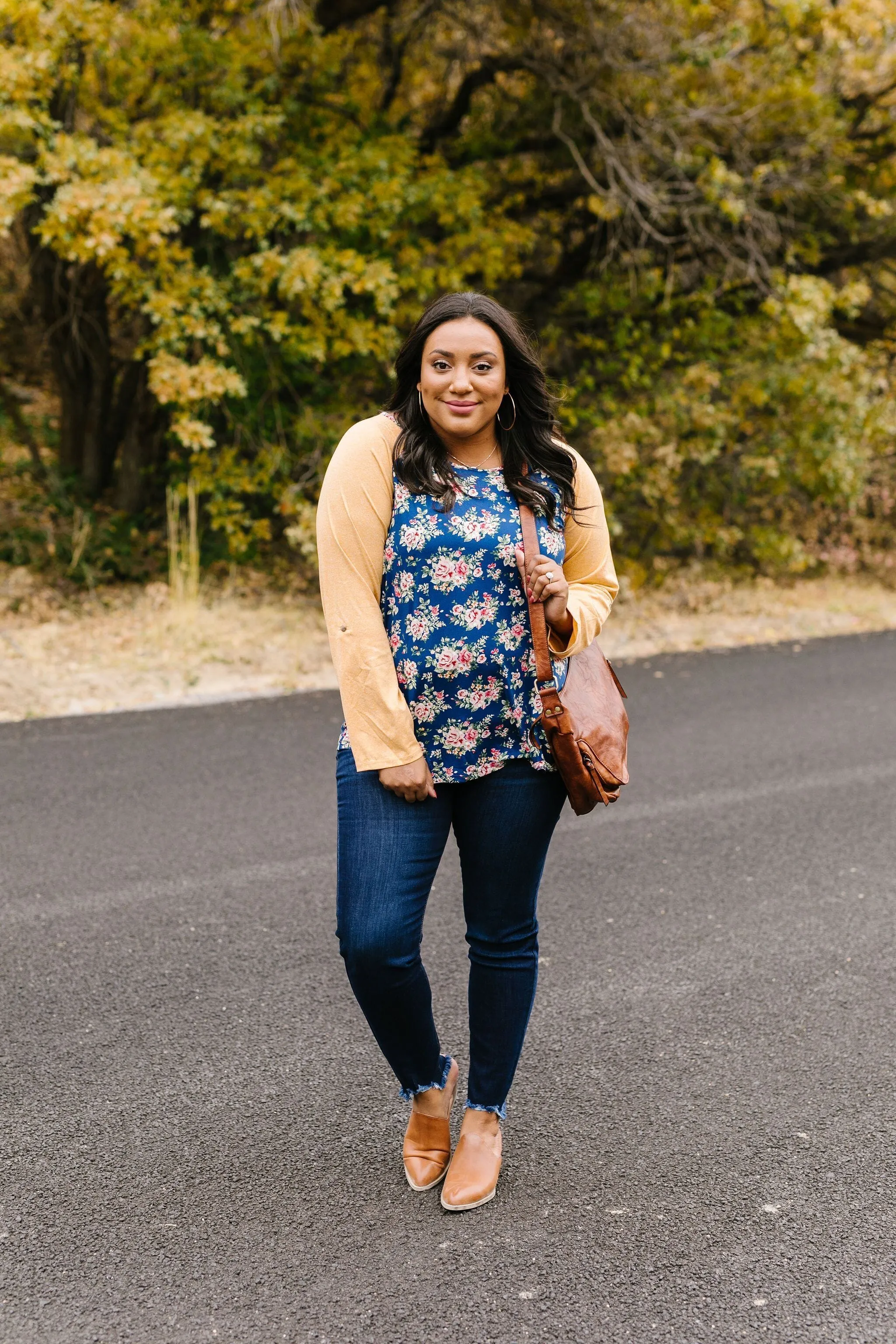 Womens Plus Size Floral Top | 3/4 Sleeve Convert to Long Sleeve Shirt | Blue Yellow Spring Shirt