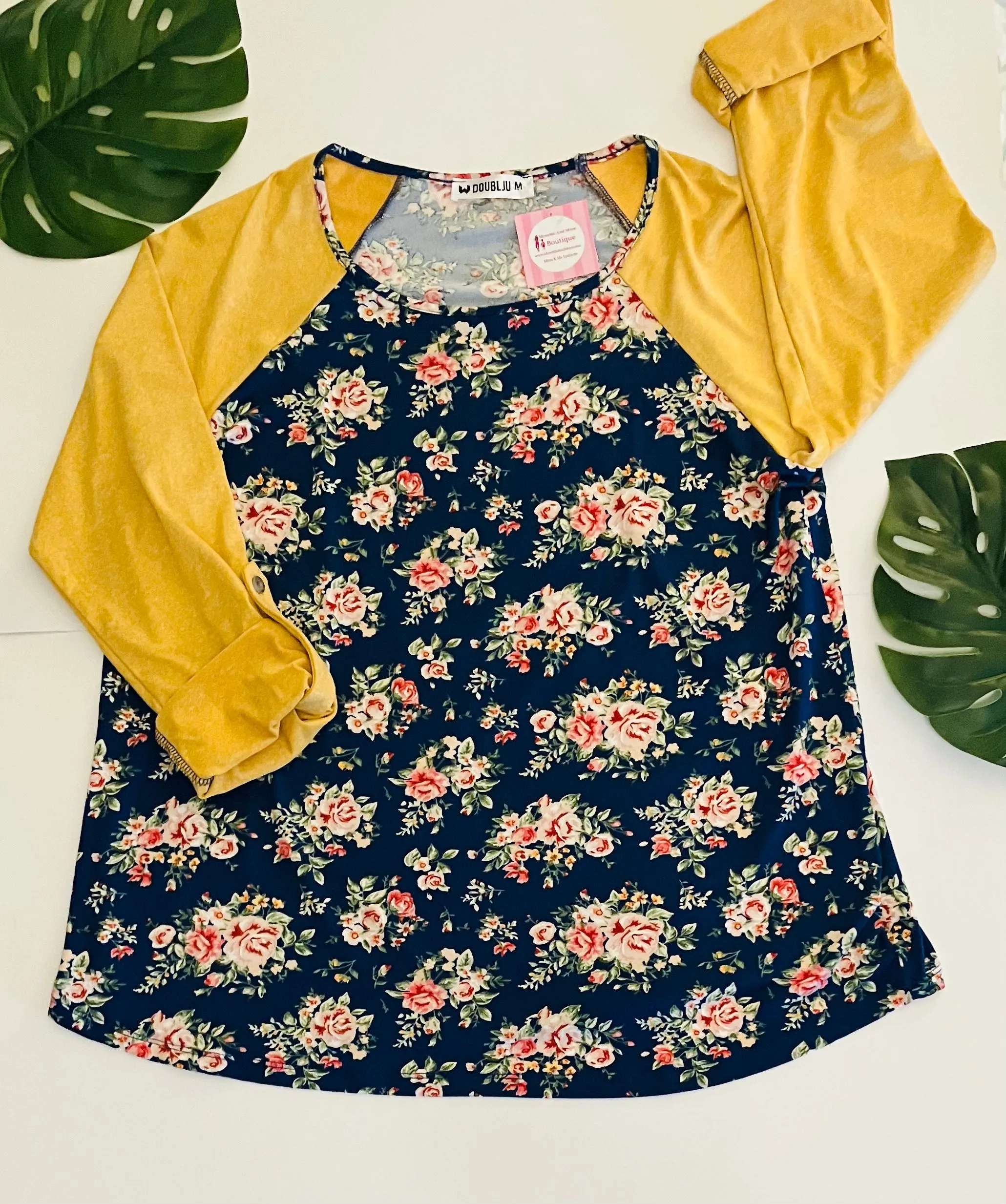 Womens Plus Size Floral Top | 3/4 Sleeve Convert to Long Sleeve Shirt | Blue Yellow Spring Shirt