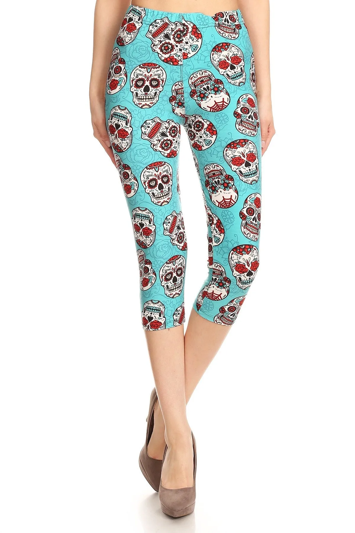 Women's Plus Teal Sugar Skulls Printed Cropped Capri Leggings