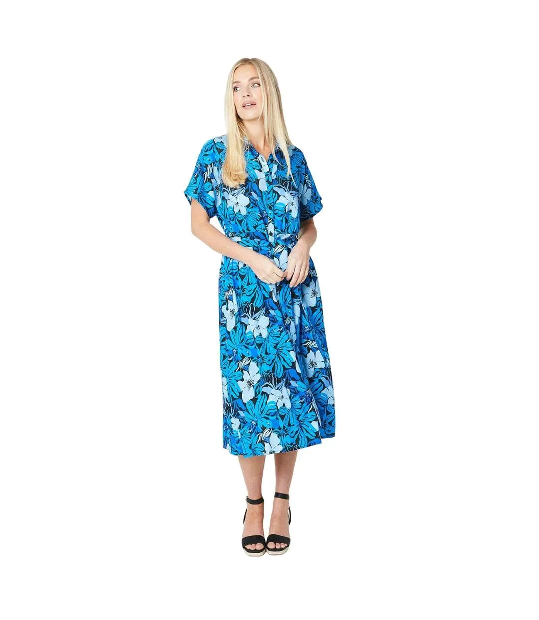 Womens/ladies floral belt petite shirt dress blue Principles