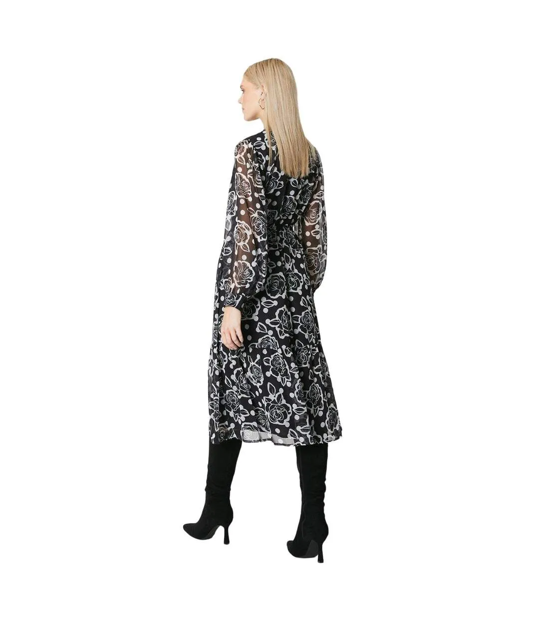 Womens/ladies floral contrast collar midi dress monochrome Principles