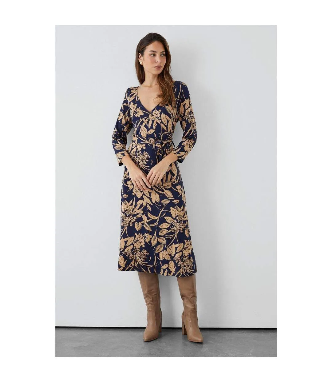 Womens/ladies floral wrap midi dress navy/cream Principles