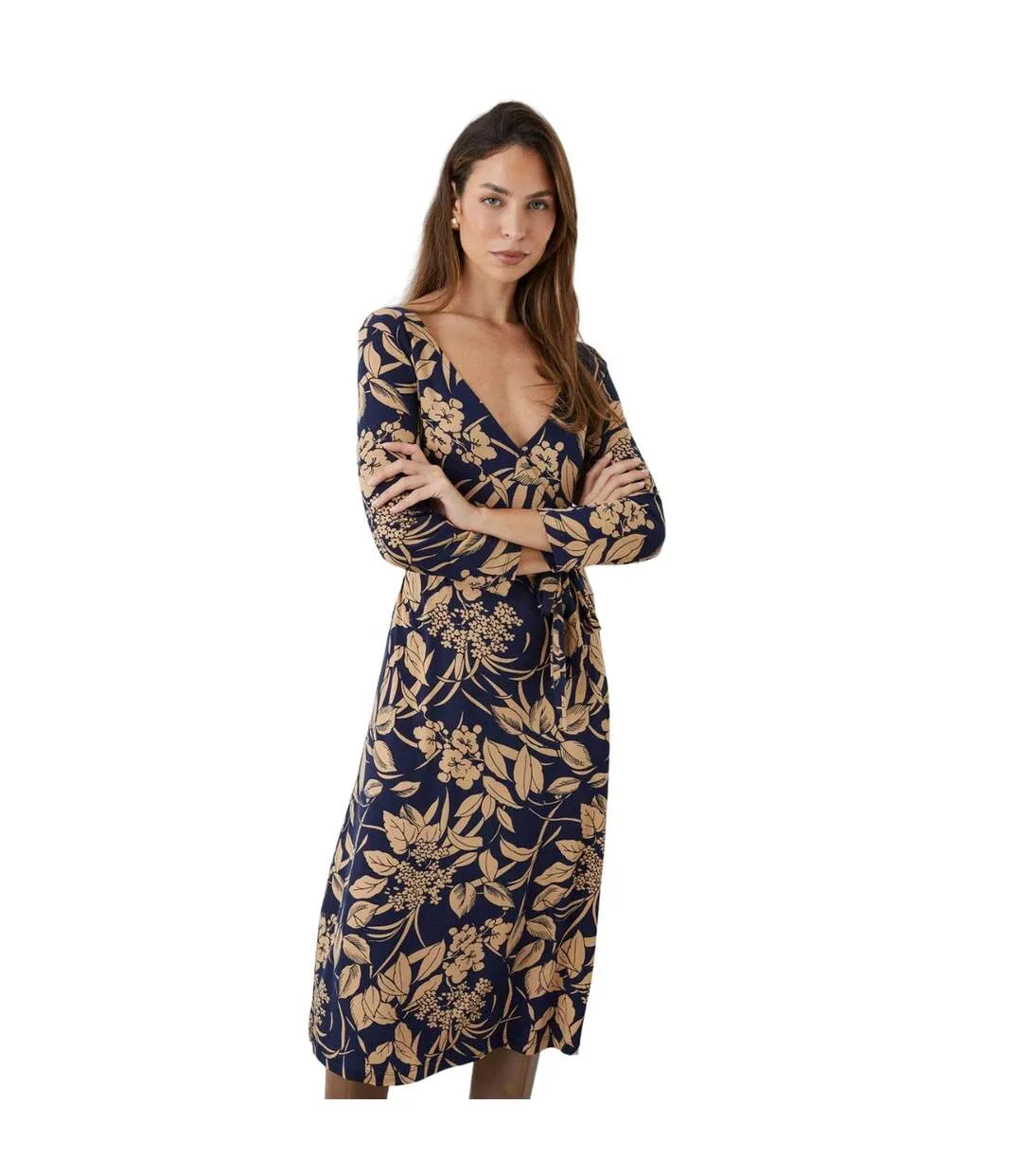 Womens/ladies floral wrap midi dress navy/cream Principles